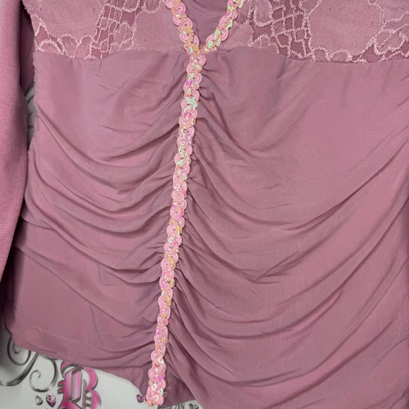 Garlvin blouse long sleeve floral lace cinch sequins stretchy rose blush pink - Picture 5 of 8